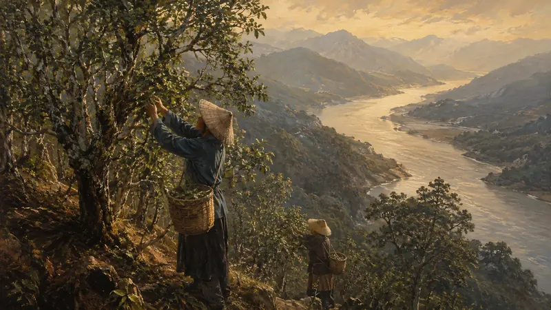 Tea gatherers harvesting wild trees above a broad river valley in golden haze.