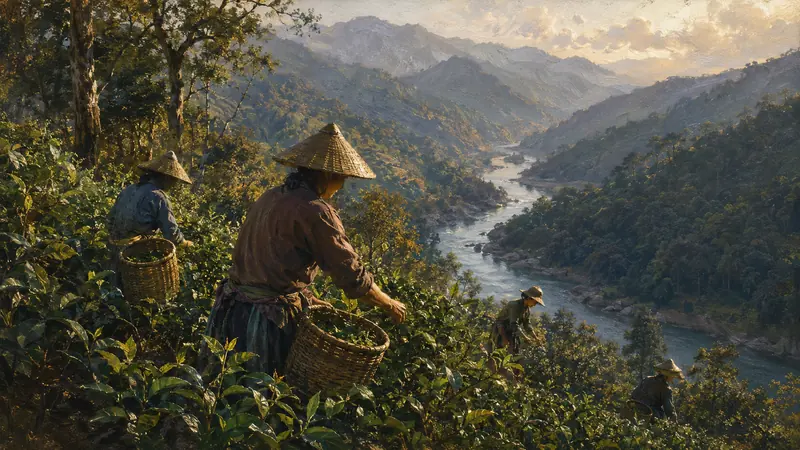 Tea harvesters gathering old forest tea above a deep river gorge.