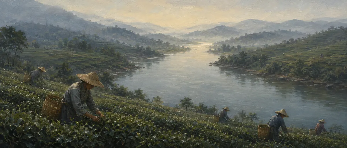 Misty tea fields and workers beside a broad morning river.