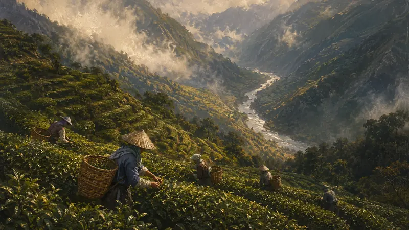 Tea pickers harvesting steep Himalayan terraces above a thin silver river gorge.